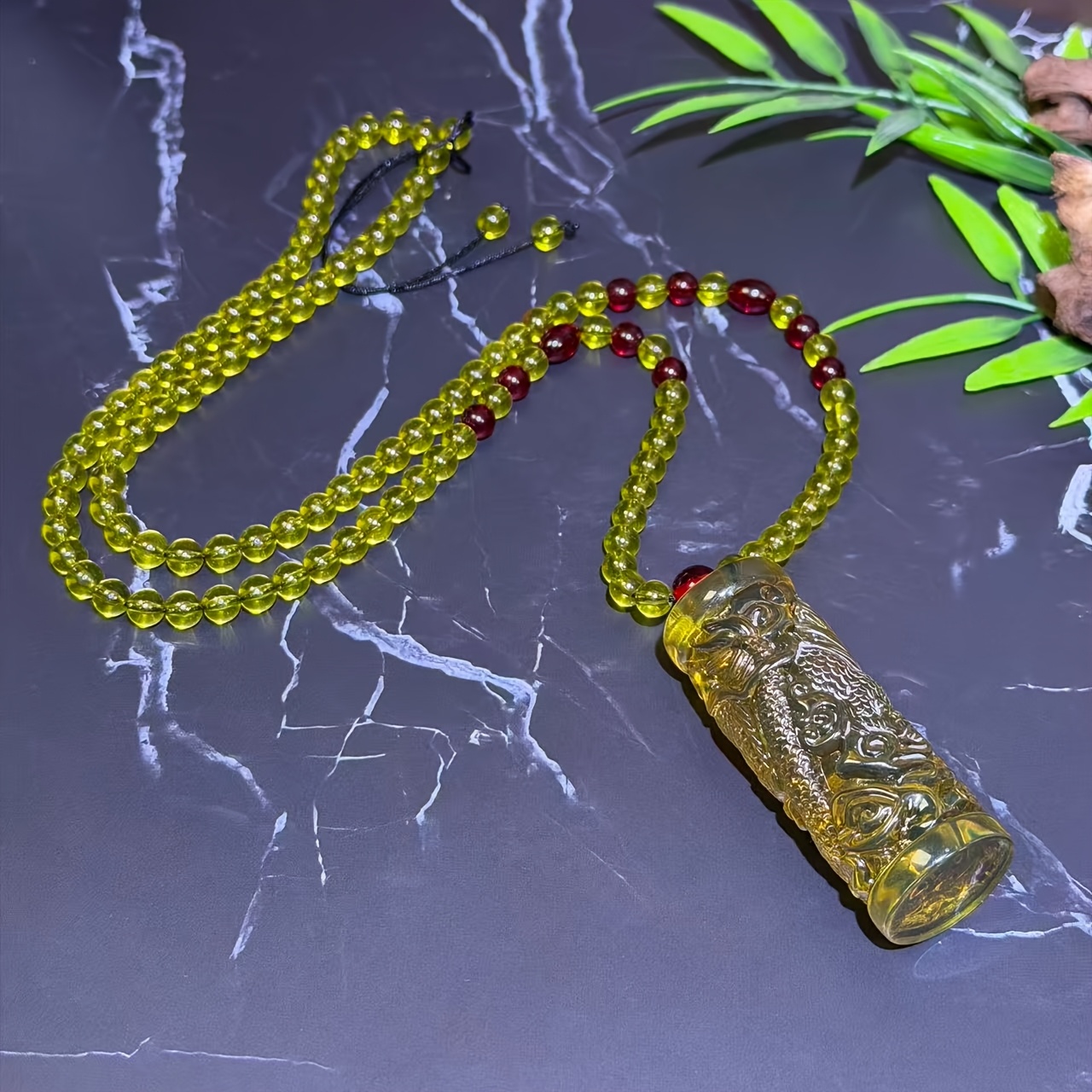 Vintage Red Bead Amber Dragon Carved Long Necklace